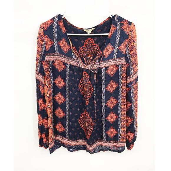 Lucky Brand Multicolor V-Neck Peasant Blouse Boho Sleeve Size M - Picture 1 of 7